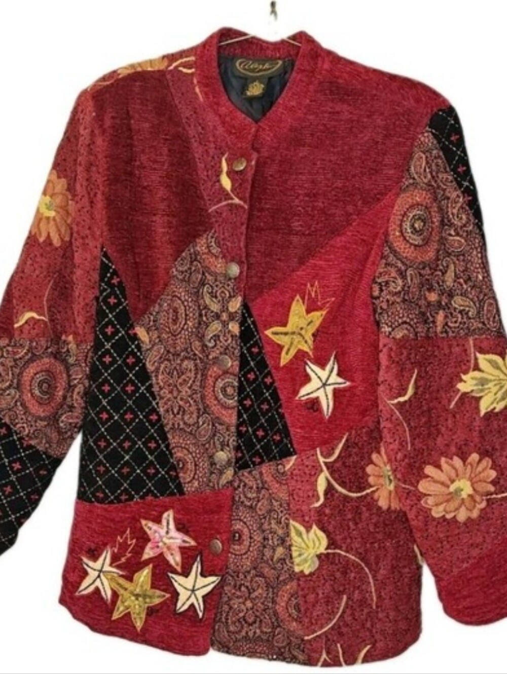 Alex Kim Embellished Patchwork Chenille Lady's Jacket  Burgundy Gold Buttons Lg